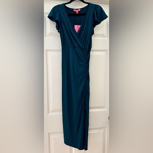 Betsey Johnson Mini Rib Flutter Sleeve Midi with Ruched Slit sz XS Blue Saphire - Picture 3 of 8